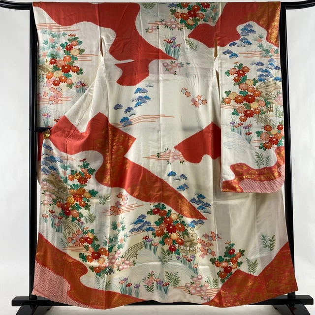 Japanese classical Silk Kimono Robe Vintage Furisode Long Sleeves Gold White JP
