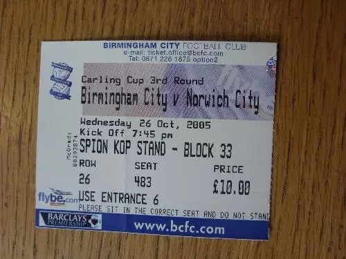 26/10/2005 Ticket: Birmingham City v Norwich City [Football League Cup] (Folded)