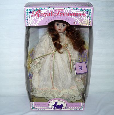 Royal Treasures Porcelain 15" Doll Ivory Lace Dress Auburn Hair Blue Eyes Girl