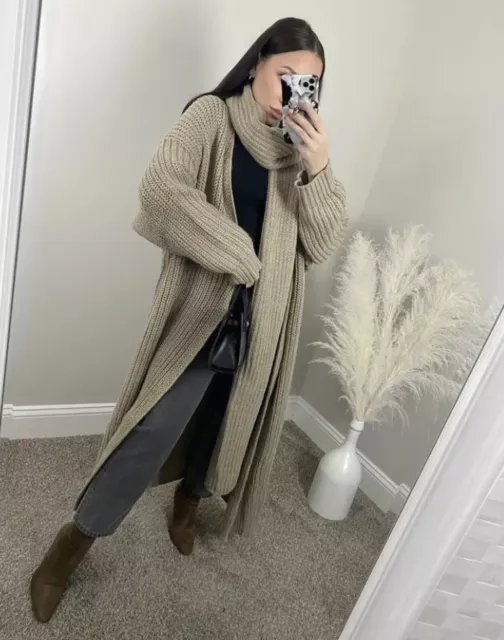ZARA LONG BEIGE Coat Cardigan Mink Knit Coat with scarf Size M