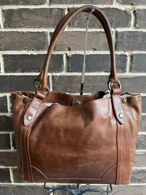 NWT $398 Frye Melissa Washed Leather Shoulder Bag Tote Cognac Brown