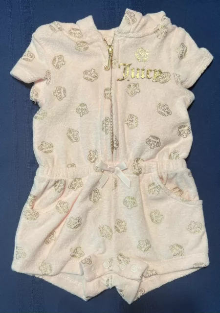 Juicy Couture Baby Girl Terry Cloth Hooded Romper 3-6 Months Pink Gold Crowns