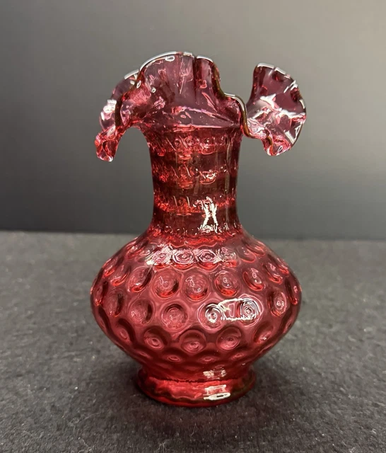 FENTON CRANBERRY VASE Coin Dot Vintage Ruffle Top Crimped No