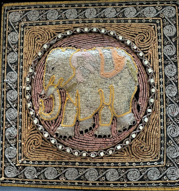 BURMESE / THAI KALAGA ELEPHANT HAND-EMBROIDERED TAPESTRY c.1930 FRAMED