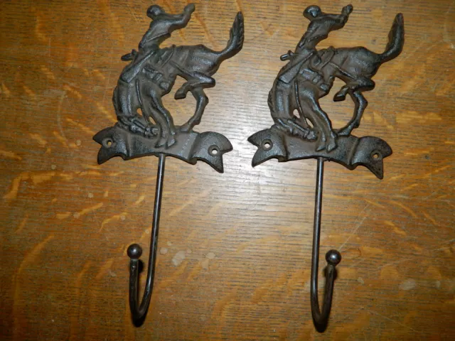 Set/2 Rustic Old Time Western Cowboy Cast Iron Wall Mounted Coat Hat Hooks~New