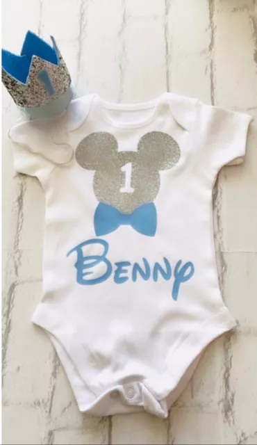 Personalised Boys First 1st Birthday Outfit Baby Blue Mickey Style Cake Smash
