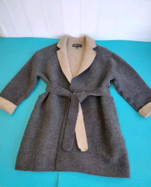 Jones New York Womens Wool Gray Belted Coat Cardigan Open Front 3/4 Sleeve Sz L