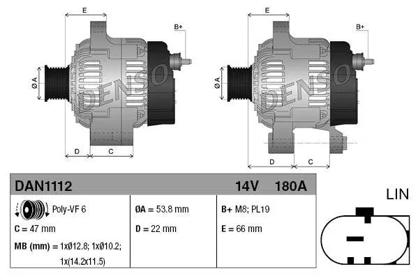 Denso DAN1112 Alternatore 14 V 180 A Ricambio 104210-6420