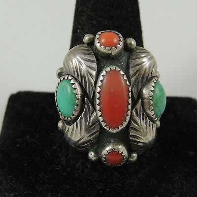 Best! Navajo or  Zuni V Old Gorgeous Coral Foliate Turquoise Ring Size 12  30.1g