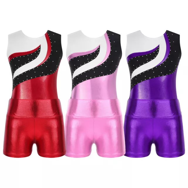 Kids Girls Shiny Sleeveless Gymnastics Leotard and Shorts Set Ballet Dancewear