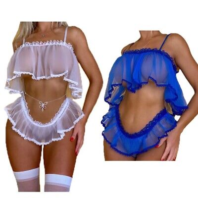 Set lingerie donna trasparente tulle top con mini perizoma gonna abito da notte
