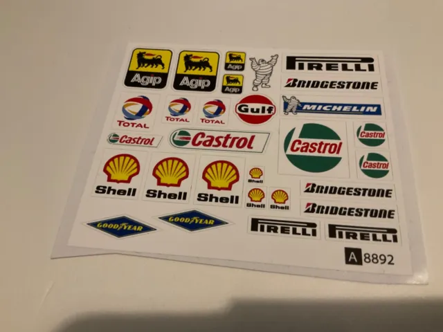 Scalextric /Slotcar Pre-Cut Decal Set A8892 AGIP, Shell, Castrol Gulf oil set.