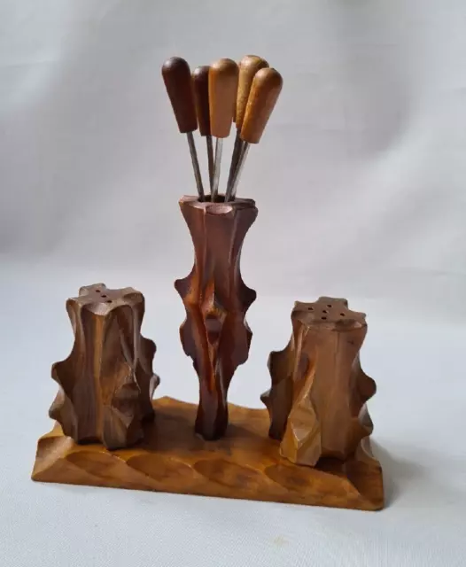 Vintage Spanish Oliv-Art wooden salt & pepper cruet set with olive forks - tapas