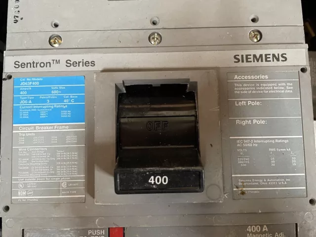 Siemens Sentron Series JD63F400 Circuit Breaker  400A 600V