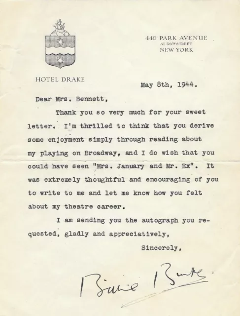Billie Burke Autographed 1944 Letter Wizard of Oz Glinda Witch JSA COA Signed