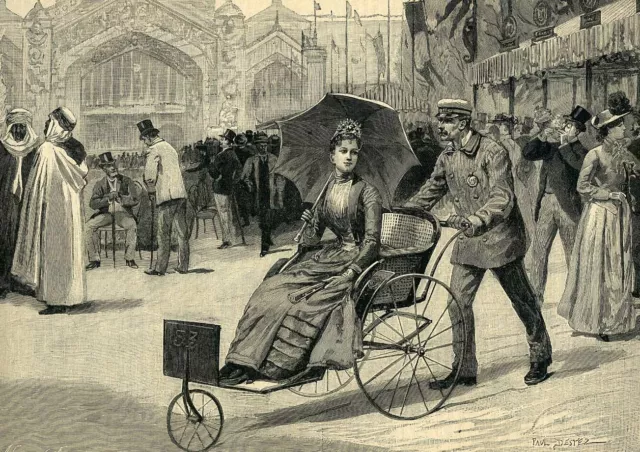 Gravure d'une promenade en fauteuil roulant au Champ de Mars à Paris en 1889