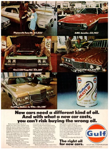 Gulf Motor Oil Right for New Cars Vintage Print Advertisement 8"x 11" 1973