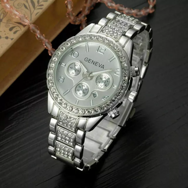 Geneva Platinum Crystal Ladies Women Girl Stainless Steel Quartz Wrist Watch Uk