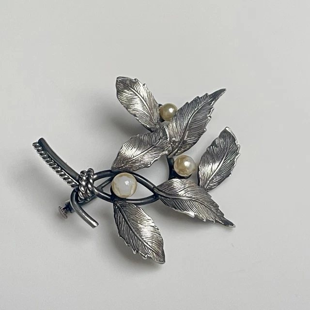 Broche Ancienne En Argent Sterling Et Perles - Bijou Antique Vintage