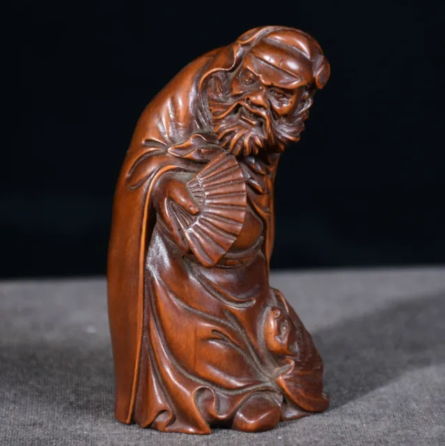 3.2" Chinese Natural Boxwood Carved Fengshui Zhongkui Statue