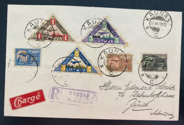 1922 Kaunas Lithuania Early Airmail cover To Switzerland  Sc#C15-C20