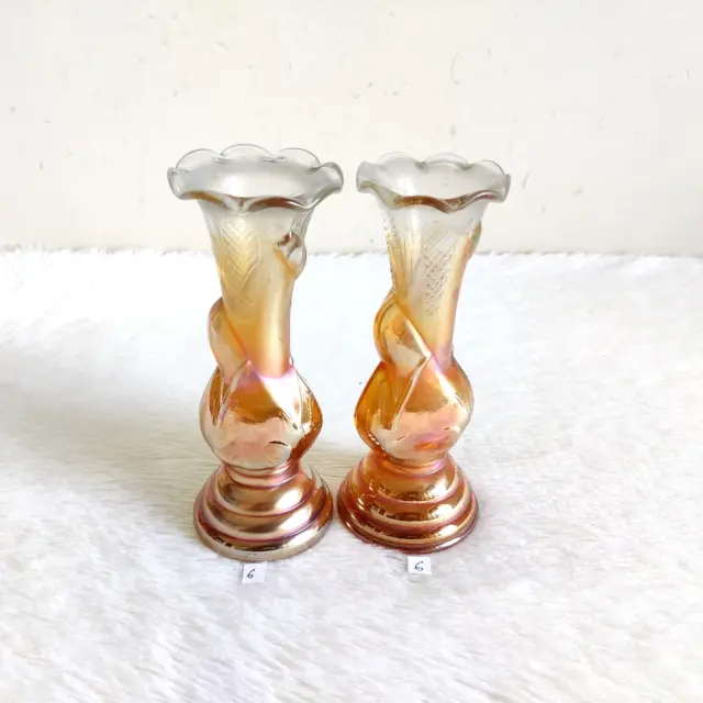 Vintage Marigold Carnival Glass Flower Vase Pair Elephant Figure Design GV144