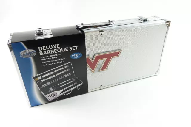 NCAA Virginia Tech Hokies Stainless Steel BBQ Set w/Metal Case 8 piece Gray