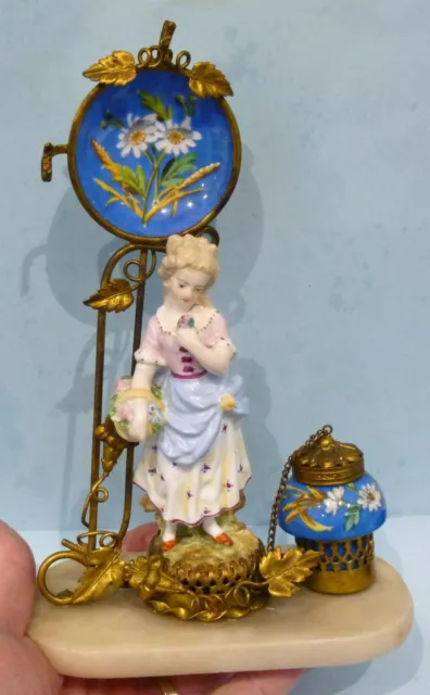 Antique German Porcelain Girl Gilt Ormolu Bronze Metal Inkwell Watch Holder Rare