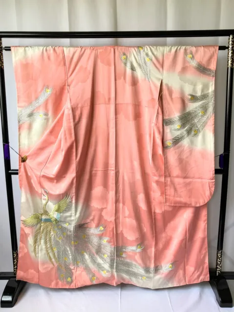 Vintage Japanese kimono - Furisode Kimono robe with beautiful Peacocks