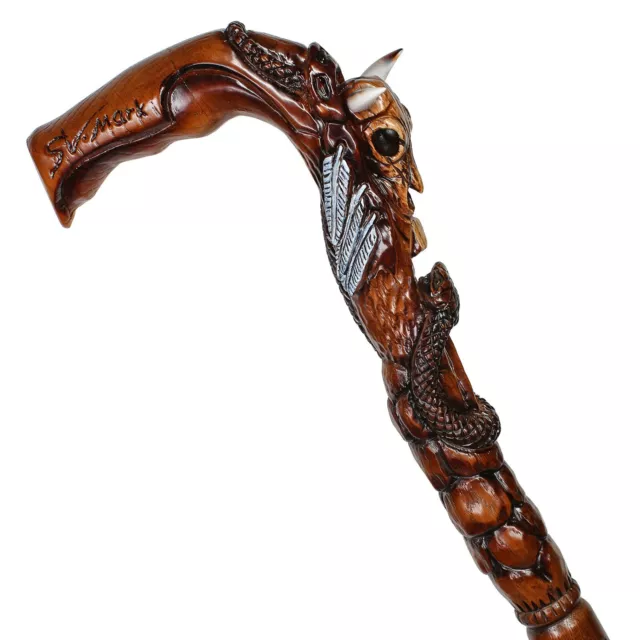 Wooden Walking cane stick Buffalo Bull Skull Snake Hand Carved Crafted Mystic