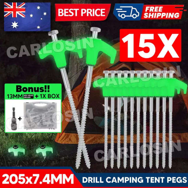 15pcs Heavy Duty Steel Screw Camping Tent Pegs with Glow in The Dark Head + Box