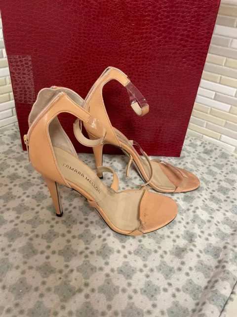 Tamara Mellon Frontline Nappa Nude Strappy Heels Size 38.5