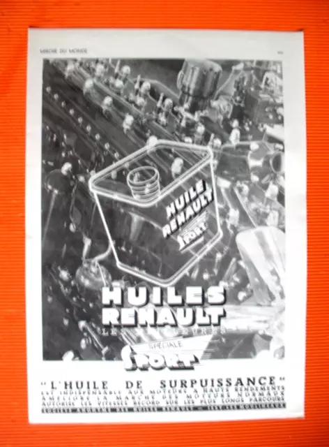 Publicite De Presse Renault Huile Automobile Speciale Sport French Ad 1935