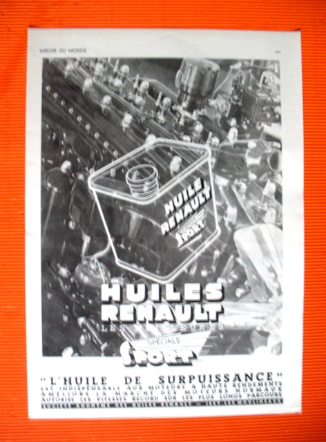 Publicite De Presse Renault Huile Automobile Speciale Sport French Ad 1935