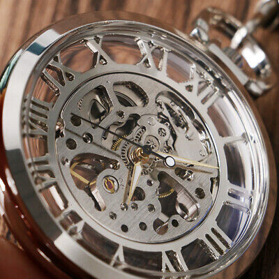 Mens Skeleton Pocket Watch Mechanical Silver Open Face Hand Wind FOB Watch Gifts