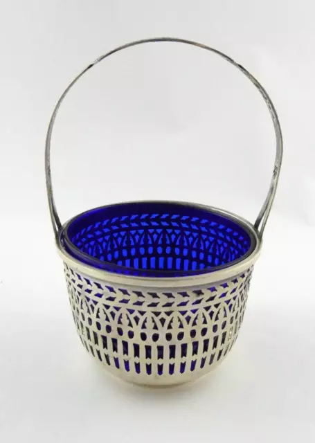 Antique Sterling Silver Candy or Nut Basket with Cobalt Blue Glass Insert 851