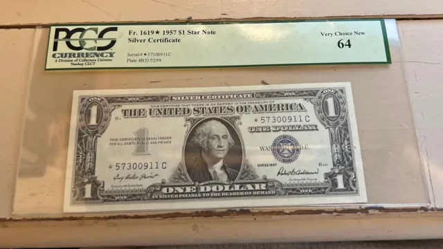 Fr. 1619* 1957 $1 One Dollar *Star* Silver Certificate Note Pmg Uncirculated-64