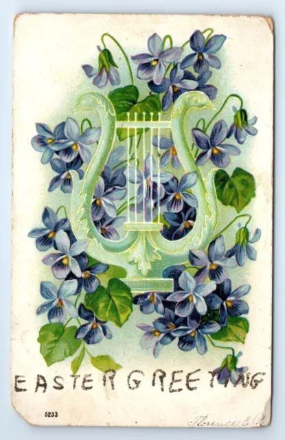 Easter Greetings Violet Viola Harp Lyre Glitter Lettering Postcard c.1906