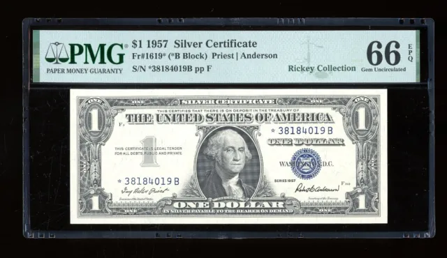 DBR 1957 $1 Silver STAR *B Block Gem Fr. 1619* PMG 66 EPQ Serial *38184019B