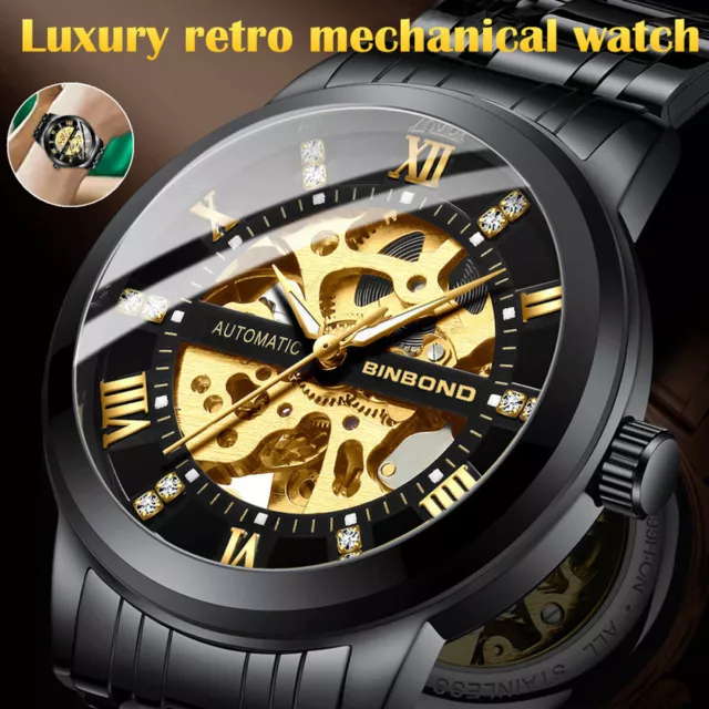 Luxury Men's Stainless Steel Gold Tone Skeleton Automatic Mechanical Wrist Watch