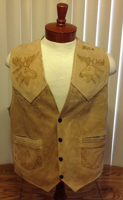 VTG Elk Moose Lodge Suede Leather Vest Hand Tooled Roswell NM Mended Mens M/L