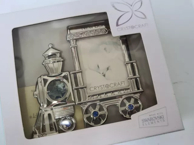 Crystocraft Baby Boy Train Engine Photo Frame With Blue Swarovski Crystals BNIB 2