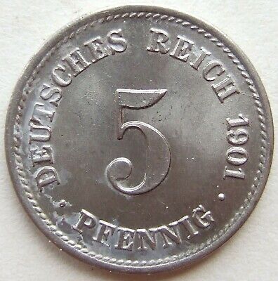Pièce de Monnaie Reich Allemand Empire 5 Pfennig 1901 G En Uncirculated