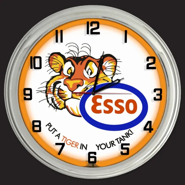 16" ESSO Gasoline Motor Oil Gas Tiger in Your Tank Sign Orange Neon Clock