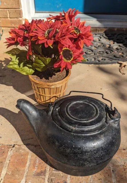 1800s CAST IRON TEA KETTLE for over fire, with bird spout, # 8, swinging lid