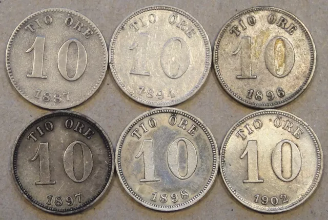 Sweden 6 Ten Ore 1887,94,96,97,98(cleaned),+1902 Low-Better Grade as Pictured