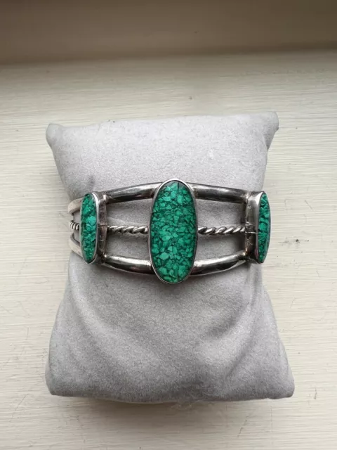 Vintage Green Turquoise Chip  Inlay Stamped Sterling Cuff Mexico 15 grams