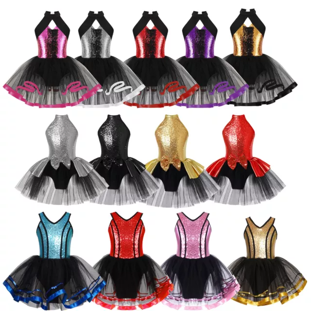 Kid Girls Sequins Ballet Mesh Tutu Dress Jazz Latin Gymnastics Leotard Costume