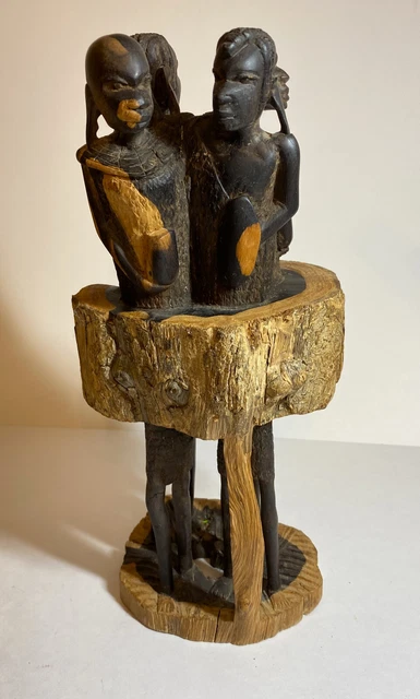 African Makonde Tree Tribal Ebony Wood Carved Sculpture 12" Tall Detailed, 3 Lbs