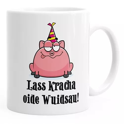 TASSE GEBURTSTAG SCHWEIN Spruch Lass kracha oide Wuidsau Kaffeetasse